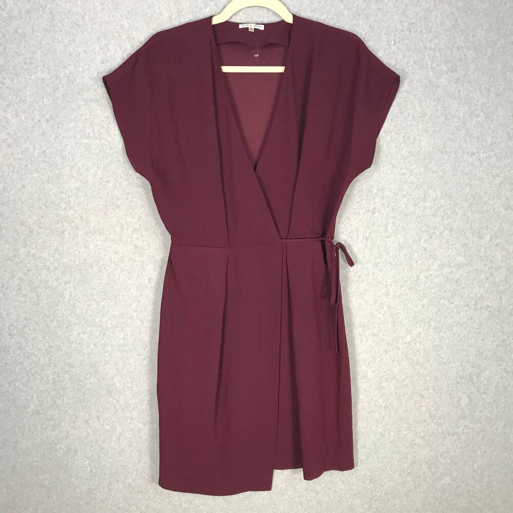 Black Swan Pleated Wrap Dress Small Burgundy Tie Career Neutral Resort Minimal
